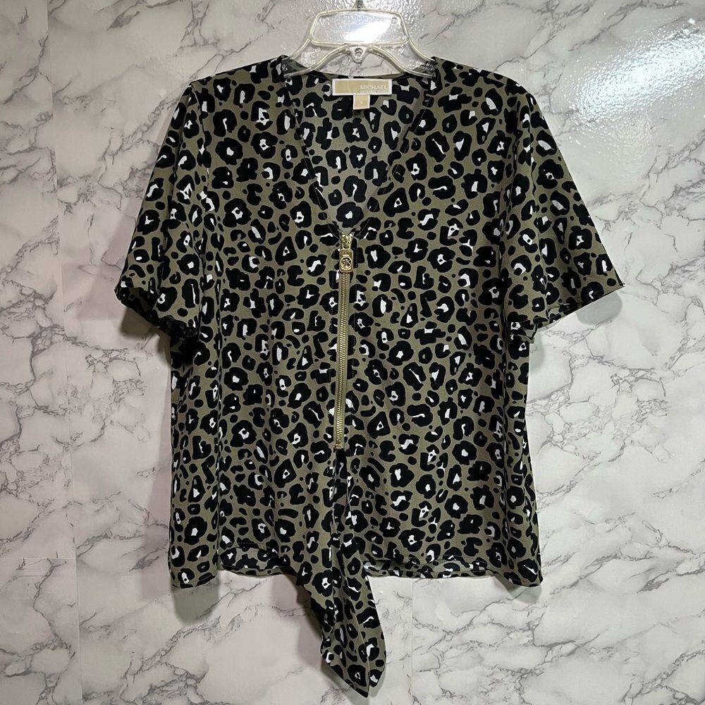 Michael Kors Size S Green & Black Animal Print Zip Front Tie Hem Blouse Top